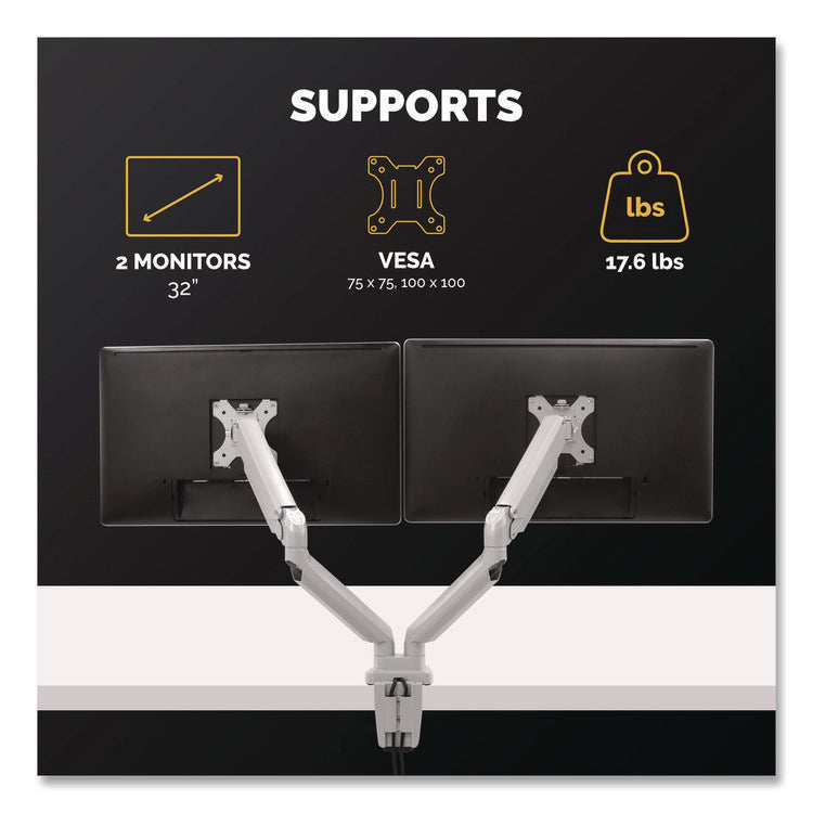 Platinum Series Dual Monitor Arm, For 40" Monitors, 360 deg Rotation, 45 deg Tilt, 180 deg Pan, Silver, Supports 17.6 lb