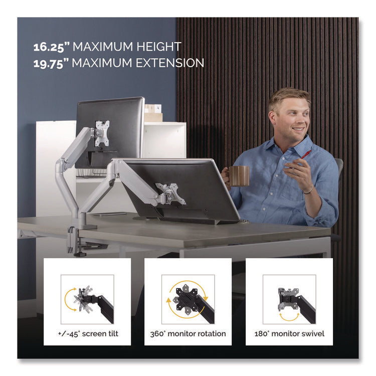 Platinum Series Dual Monitor Arm, For 40" Monitors, 360 deg Rotation, 45 deg Tilt, 180 deg Pan, Silver, Supports 17.6 lb
