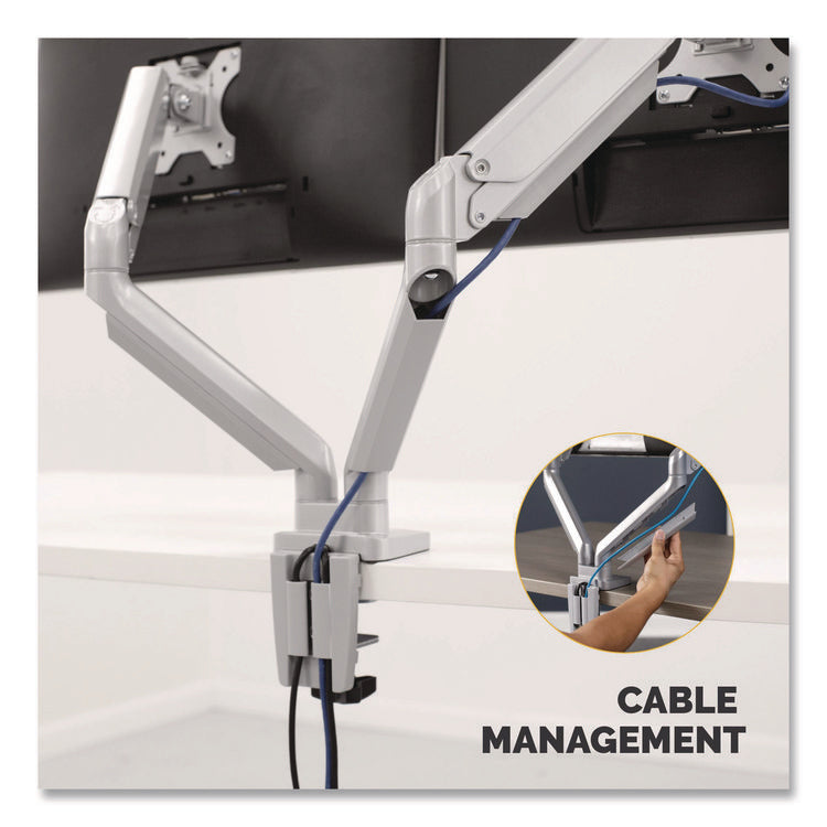 Platinum Series Dual Monitor Arm, For 40" Monitors, 360 deg Rotation, 45 deg Tilt, 180 deg Pan, Silver, Supports 17.6 lb