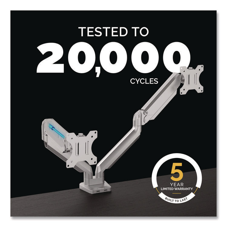 Platinum Series Dual Monitor Arm, For 40" Monitors, 360 deg Rotation, 45 deg Tilt, 180 deg Pan, Silver, Supports 17.6 lb