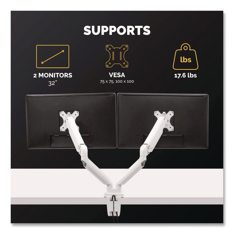 Platinum Series Dual Monitor Arm, For 40" Monitors, 360 deg Rotation, 45 deg Tilt, 180 deg Pan, White, Supports 17.6 lb