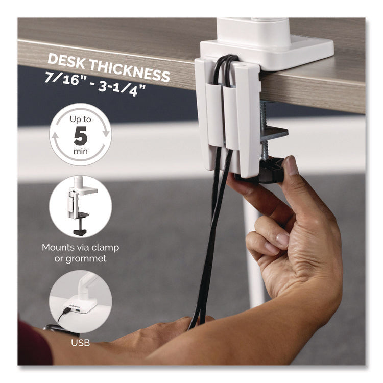 Platinum Series Dual Monitor Arm, For 40" Monitors, 360 deg Rotation, 45 deg Tilt, 180 deg Pan, White, Supports 17.6 lb
