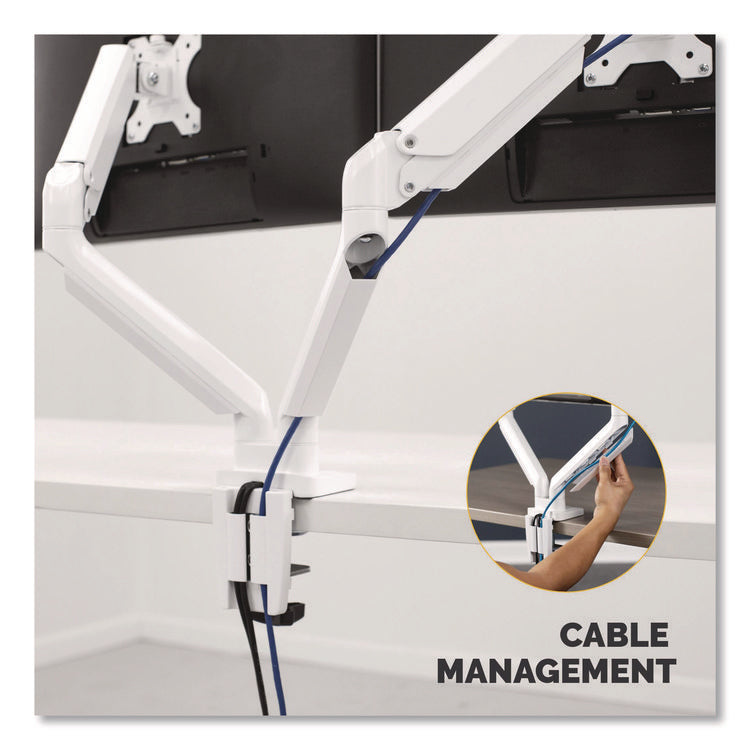 Platinum Series Dual Monitor Arm, For 40" Monitors, 360 deg Rotation, 45 deg Tilt, 180 deg Pan, White, Supports 17.6 lb