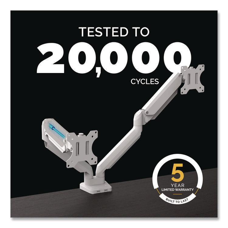 Platinum Series Dual Monitor Arm, For 40" Monitors, 360 deg Rotation, 45 deg Tilt, 180 deg Pan, White, Supports 17.6 lb