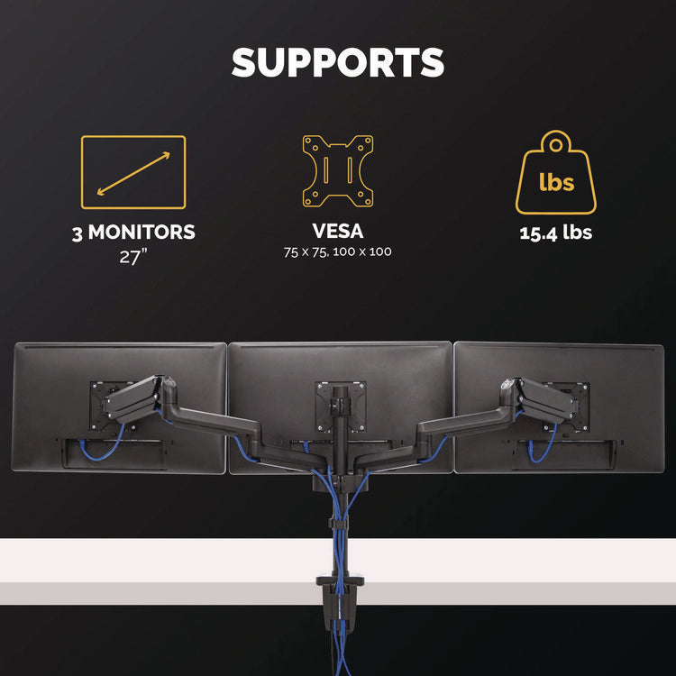 Platinum Series Triple Monitor Arm For 27" Monitors, 360 Deg Rotation, +85/-20 Deg Tilt, 360 Deg Pan, Black, Supports 20 Lb