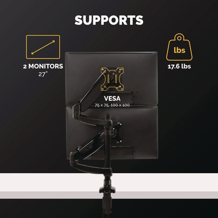 Platinum Series Dual Stacking Arm For 27" Monitors, 360 Deg Rotation, 180 Deg Tilt, 360 Deg Pan, Black, Supports 22 Lb