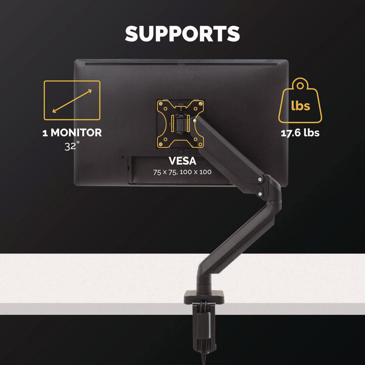 Platinum Series Single Monitor Arm, For 40" Monitors, 360 deg Rotation, 45 deg Tilt, 180 deg Pan, Black, Supports 17.6 lb