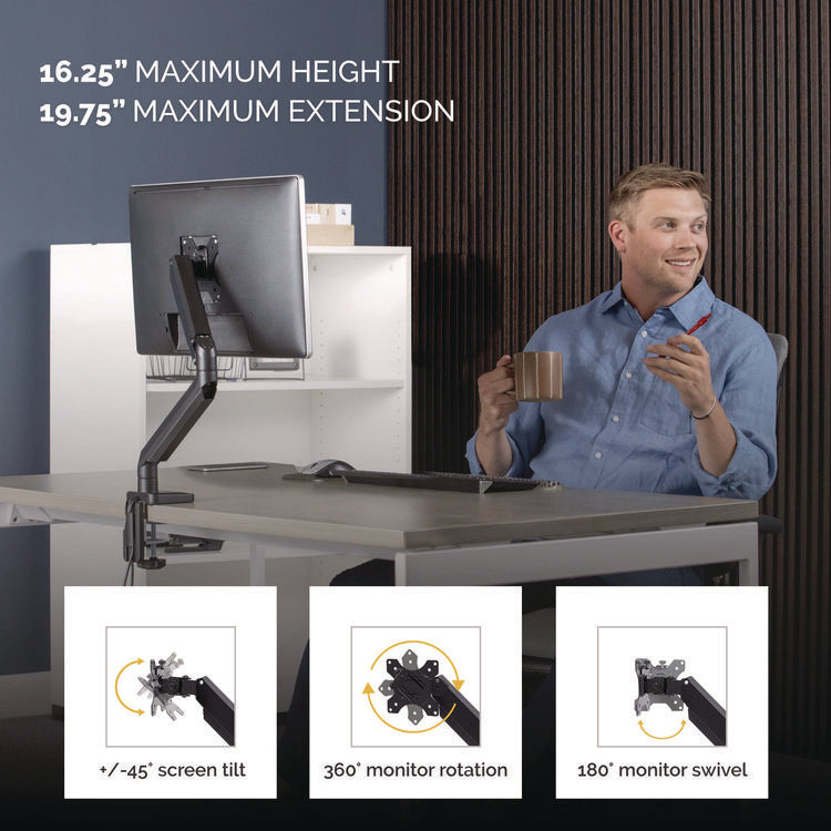 Platinum Series Single Monitor Arm, For 40" Monitors, 360 deg Rotation, 45 deg Tilt, 180 deg Pan, Black, Supports 17.6 lb