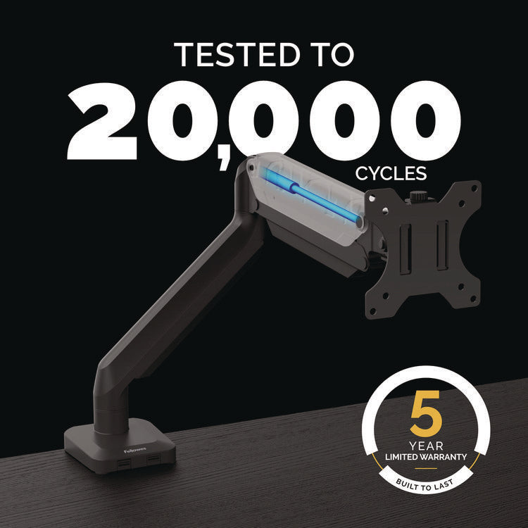 Platinum Series Single Monitor Arm, For 40" Monitors, 360 deg Rotation, 45 deg Tilt, 180 deg Pan, Black, Supports 17.6 lb