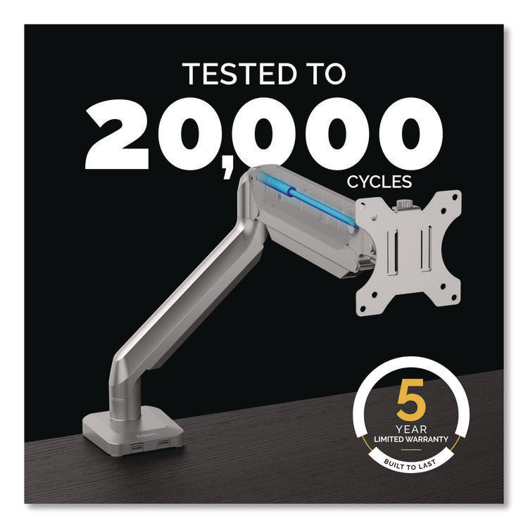 Platinum Series Single Monitor Arm, For 40" Monitors, 360 deg Rotation, 45 deg Tilt, 180 deg Pan, Silver, Supports 20 lb