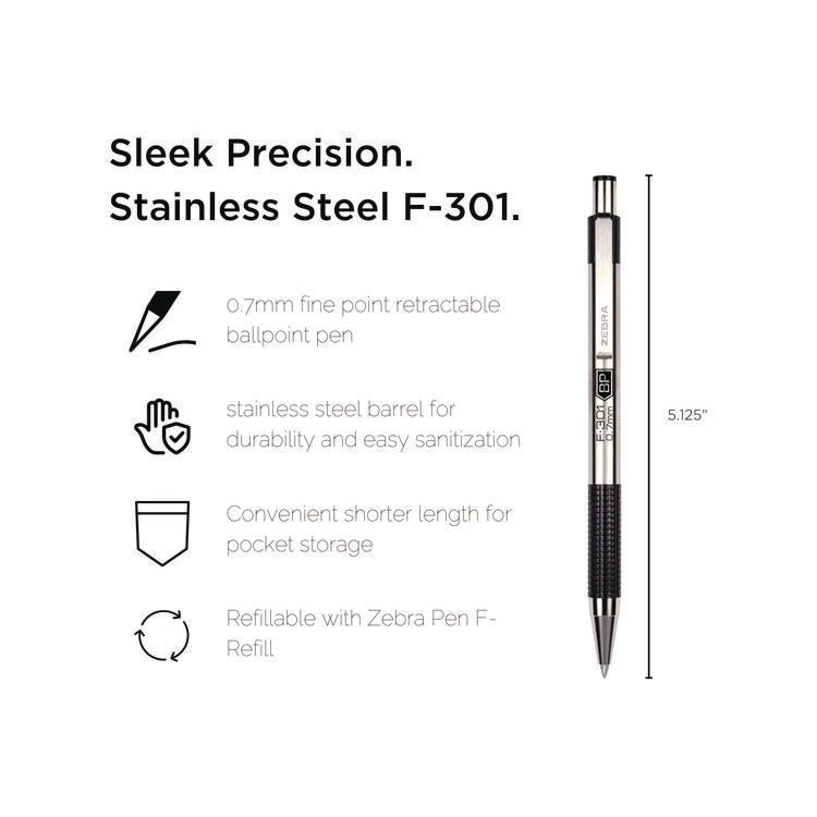 F-301 Ballpoint Pen, Retractable, Fine 0.7 mm, Black Ink, Stainless Steel/Black Barrel, Dozen