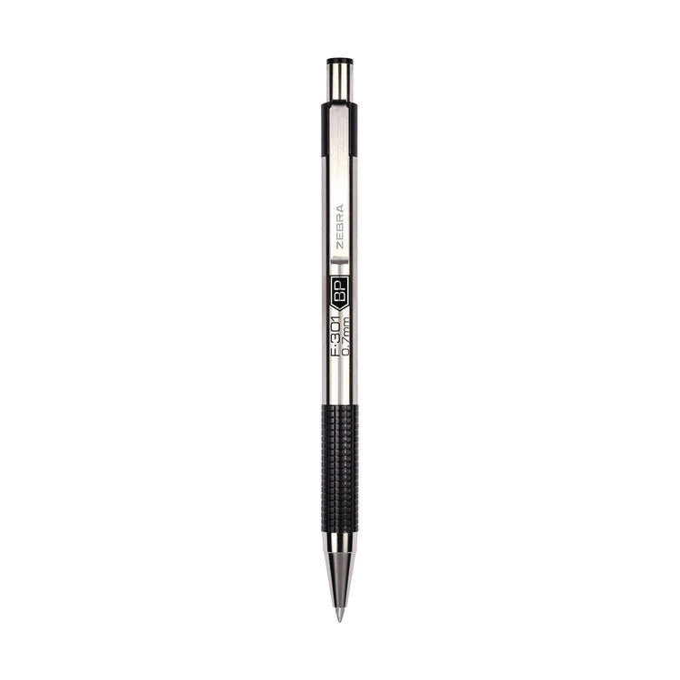 F-301 Ballpoint Pen, Retractable, Fine 0.7 mm, Black Ink, Stainless Steel/Black Barrel, Dozen