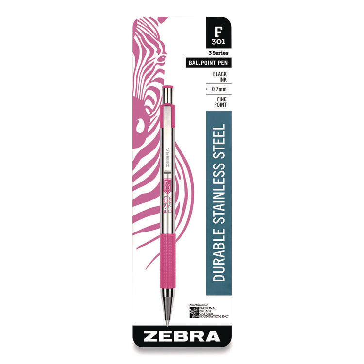 F-301 Breast Cancer Awareness Ballpoint Pen, Retractable, Fine 0.7 mm, Black Ink, Stainless Steel/Pink Barrel