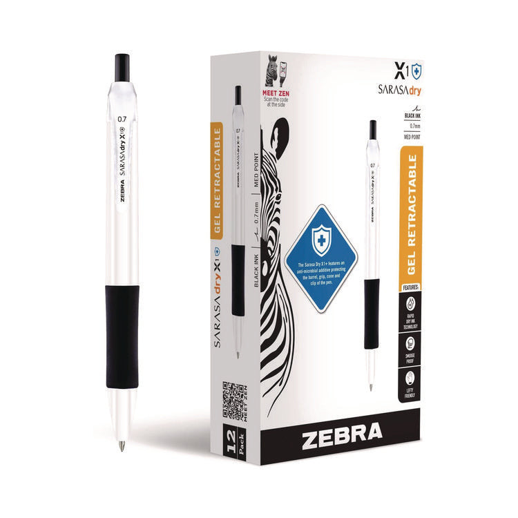 Sarasa Dry X1+ Gel Pen, Retractable, Medium 0.7 mm, Black Ink, White/Black Barrel, 12/Pack