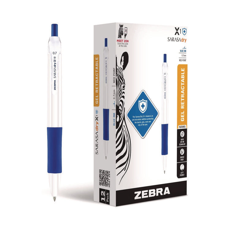 Sarasa Dry X1+ Gel Pen, Retractable, Medium 0.7 mm, Blue Ink, White/Blue Barrel, 12/Pack