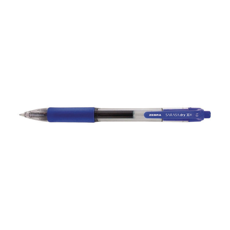 Sarasa Dry Gel X20 Gel Pen, Retractable, Bold 1 mm, Blue Ink, Clear/Blue Barrel, 12/Pack