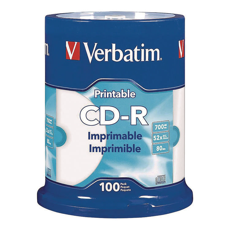 CD-R Printable Recordable Disc, 700 MB/80 min, 52x, Spindle, White, 100/Pack