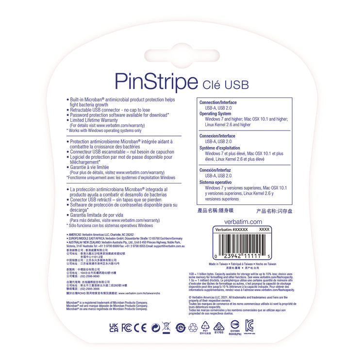PinStripe USB 3.2 Flash Drive, 32 GB, Assorted Colors, 5/Pack