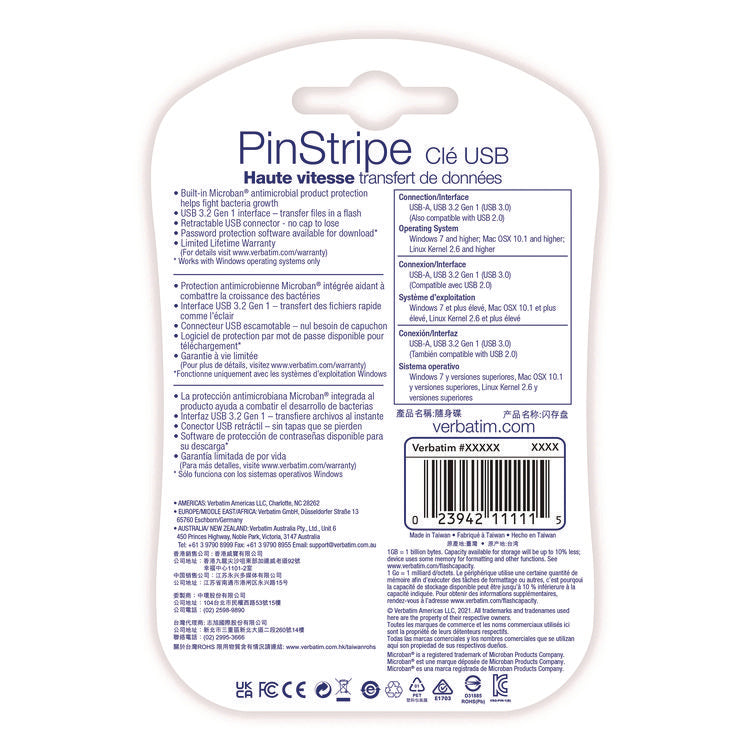 PinStripe USB 3.2 Flash Drive, 32 GB, Blue/Red, 2/Pack