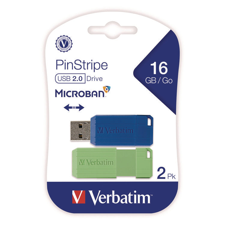 PinStripe USB 2.0 Flash Drive, 16 GB, Blue/Green, 2/Pack