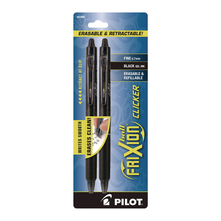 FriXion Ball Clicker Erasable Gel Pen, Retractable, Fine 0.7 mm, Black Ink, Black Barrel, 2/Pack