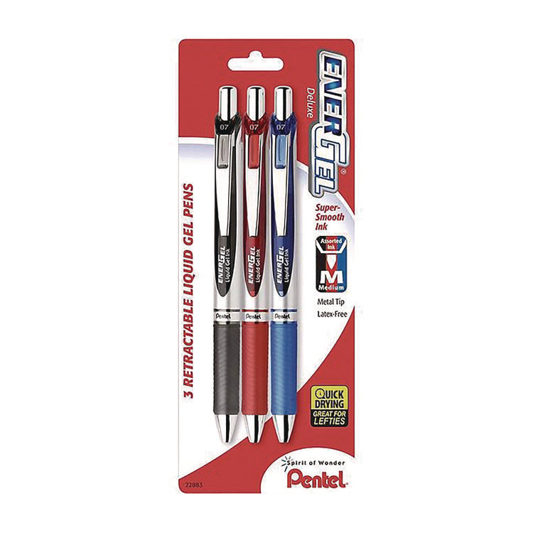 EnerGel RTX Deluxe Gel Pen, Retractable, Medium 0.7 mm, Assorted Ink and Barrel Colors, 3/Pack