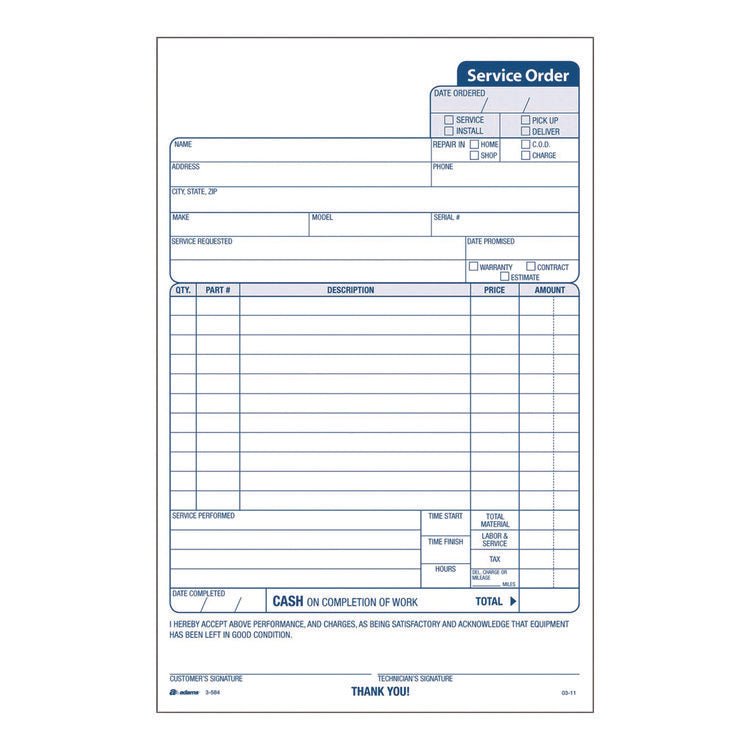 Work Order Form, Three-Part Carbonless, 5.66 x 9, 250 Sets/Pack