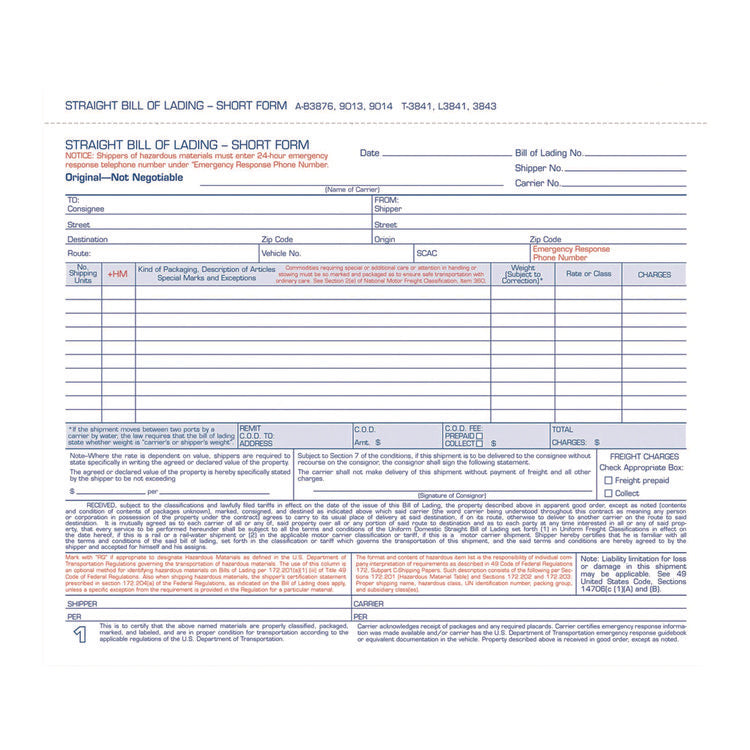 Bill of Lading - Short Form for Up to Ten Articles, Three-Part Carbonless, 8.5 x 6.94, 50 Forms Total
