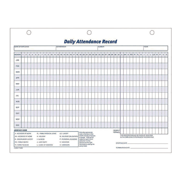 Attendance Records, One Part (No Copies), 11 x 8.5, 50 Forms Total