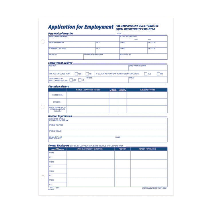 Employment Applications, One-Part (No Copies), 11 x 8.38, 50 Forms/Pad, 2 Pads/Pack