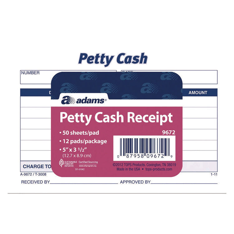 Petty Cash Receipts, One-Part (No Copies), 5 x 3.5, 50 Receipts/Pad, 12 Pads/Pack