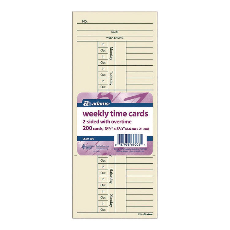 Time Cards for Acroprint, Amano and Lathem Time Clocks, Two Sides, 3.4" x 8.25", 200/Pack