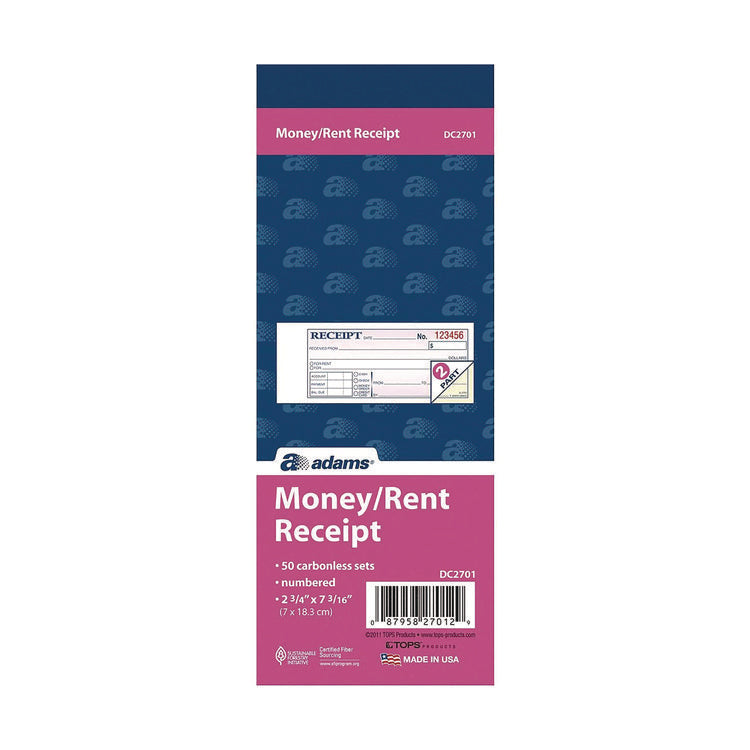 Money/Rent Receipt Book, Two-Part Carbonless, 6.69 x 2.75, 50 Receipts/Book, 5 Books/Pack