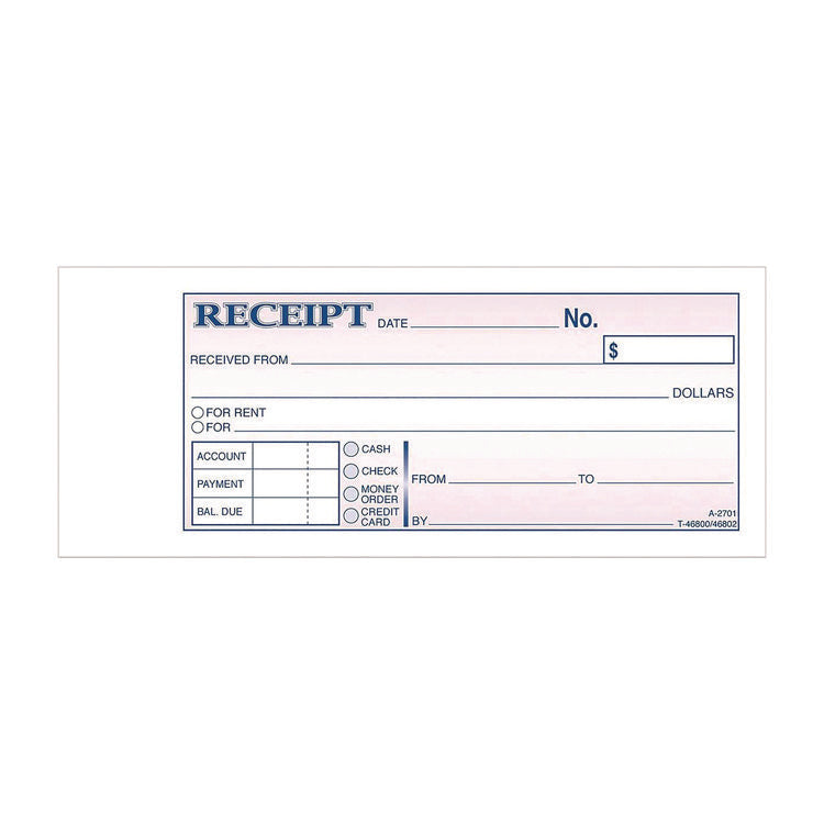 Money/Rent Receipt Book, Two-Part Carbonless, 6.69 x 2.75, 50 Receipts/Book, 5 Books/Pack