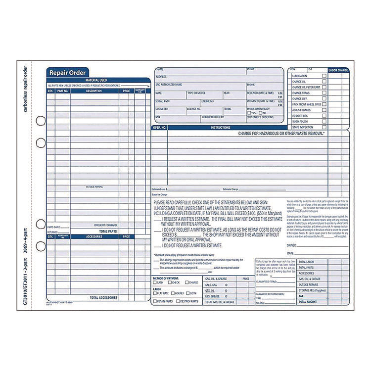 Multipart Auto Repair Work Order Forms with Checklist for Routine Jobs, Three-Part Carbonless, 10.94 x 8.5, 50 Forms Total
