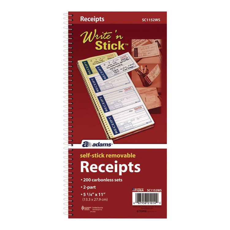 Write 'n Stick Receipt Book, Two-Part Carbonless, 4.75 x 2.75, 4 Forms/Sheet, 200 Forms Total