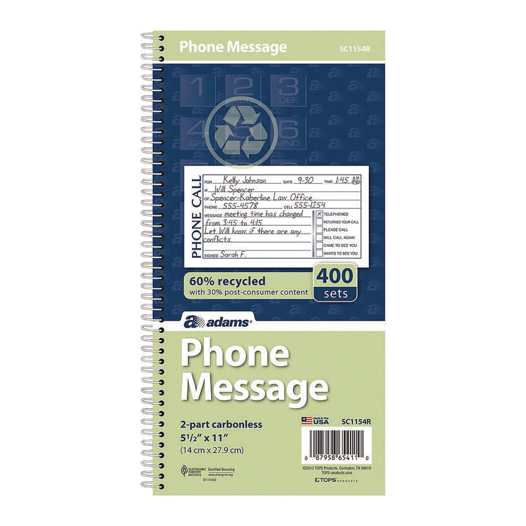 Wirebound Telephone Message Book, Two-Part Carbonless, 4.75 X 2.75, 4 Forms/sheet, 400 Forms Total