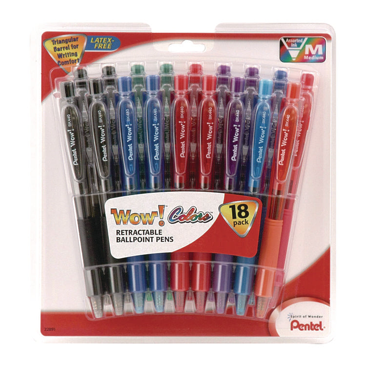 WOW! Ballpoint Pen, Retractable, Medium 1 mm, Assorted Ink and Barrel Colors, 18/Pack