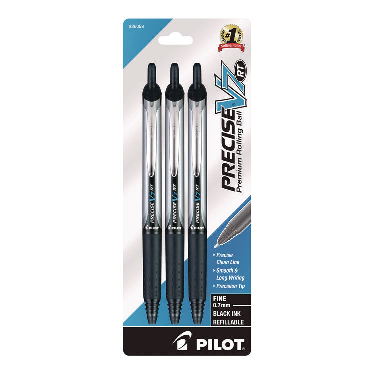 Precise V7RT Rollerball Pen, Retractable, Fine 0.7 mm, Black Ink, Black Barrel, 3/Pack