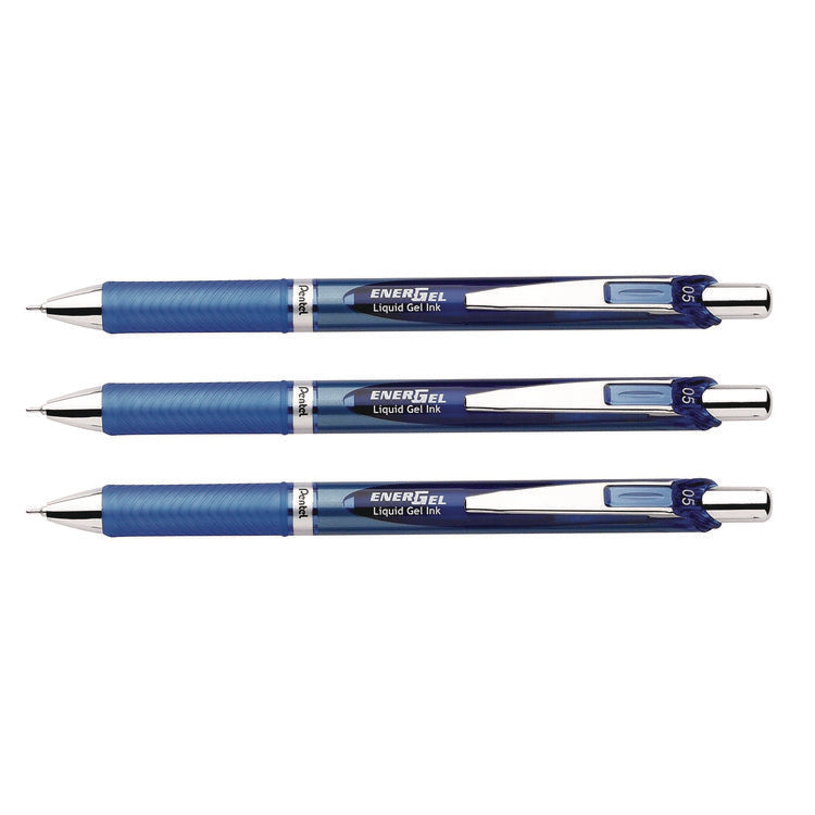 EnerGel RTX Deluxe Gel Pen, Retractable, Fine 0.5 mm, Blue Ink, Blue/Silver Barrel, 3/Pack