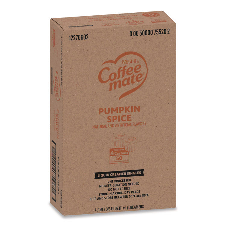 Liquid Coffee Creamer, Pumpkin Spice, 0.38 oz Mini Cups, 50/Box, 4 Boxes/Carton