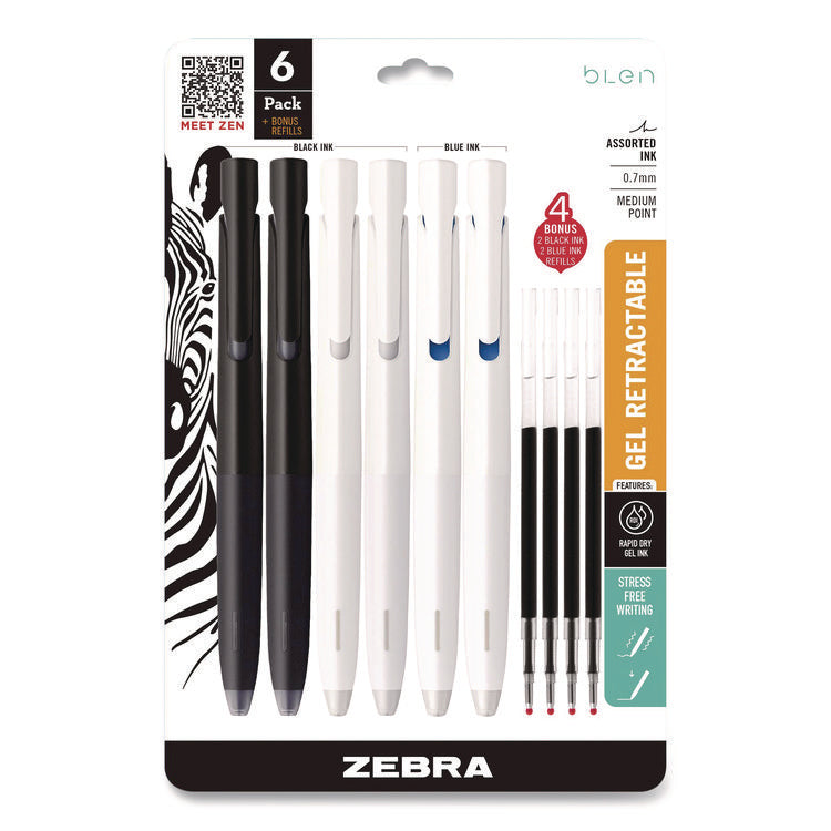 bLen Gel Pen, Medium 0.7 mm, Black; Blue Ink, White; Black Barrel, 6/Pack