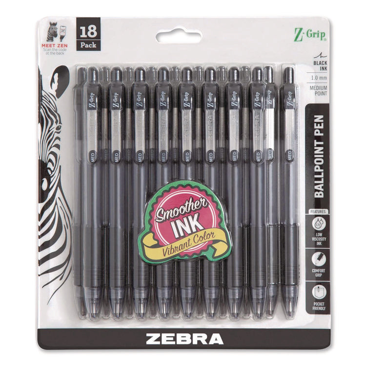 Z-Grip Ballpoint Pen, Retractable, Medium 1 mm, Black Ink, Clear/Black Barrel, 18/Pack