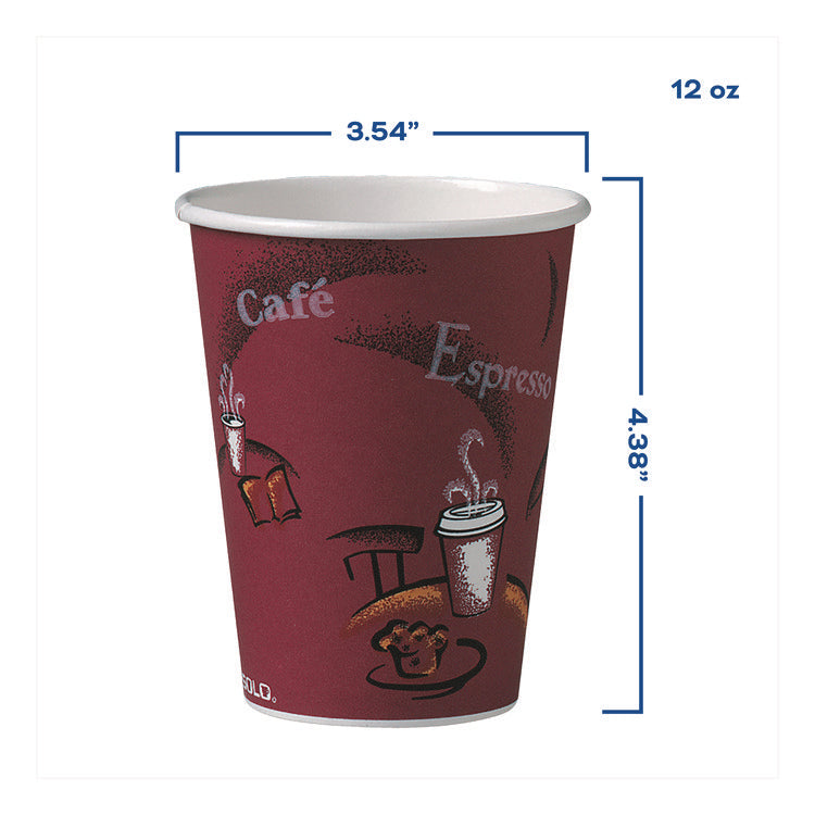 Paper Hot Drink Cups in Bistro Design, 12 oz, Maroon, 300/Carton