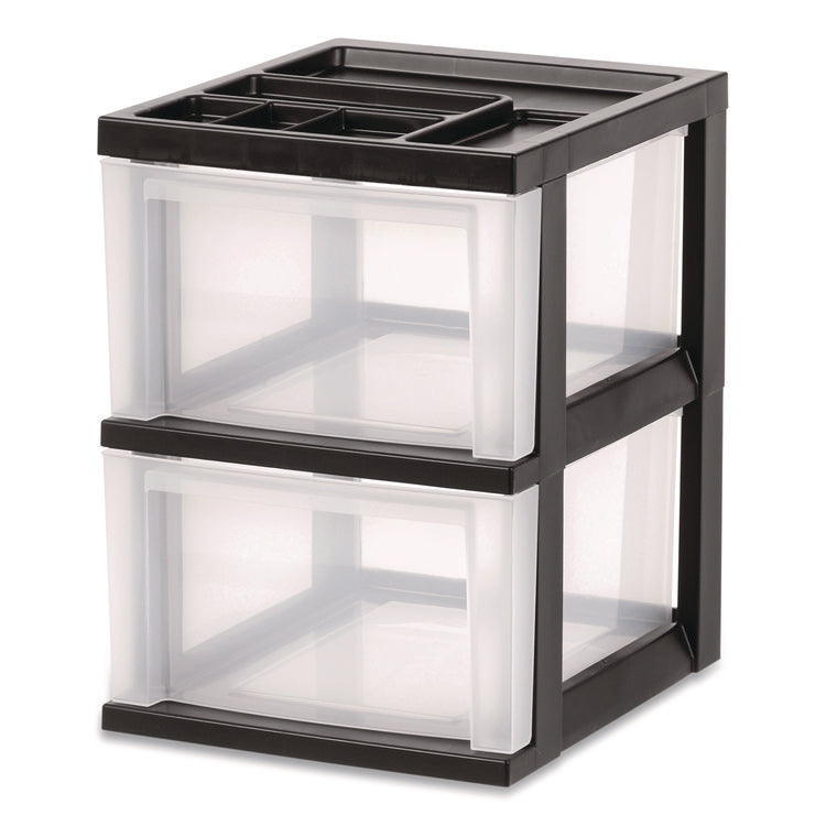 2-Compartment Desktop Stackable Storage Drawer, 12.17 x 14.33 x 16.77, Black/Translucent White