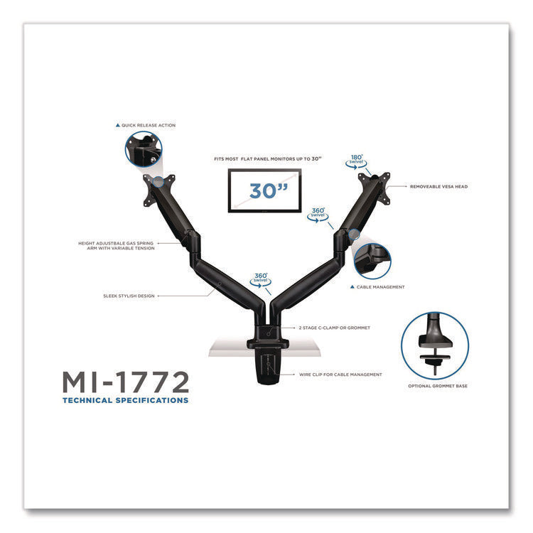 Dual Monitor Gas-Spring Mounting Arm, For 13" to 32" Monitors, 360 Degree Rotation, +/-45 Degree Tilt, Black, Supports 20 lb