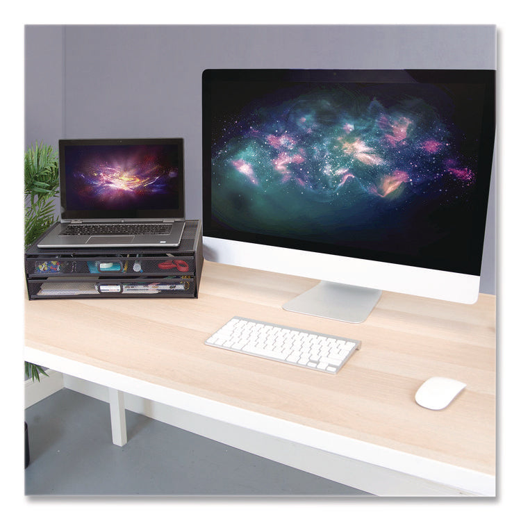 Metal Mesh Monitor Stand with Storage Drawers, For Up to 32" Monitors, 15.8" x 11.8" x 4.7", Black, Supports 30 lb