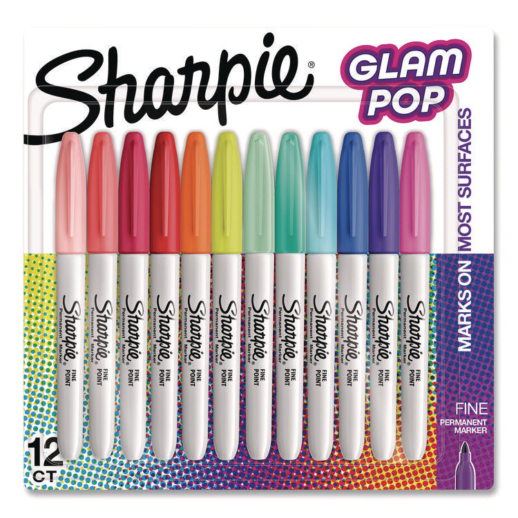 Glam Pop Permanent Markers, Fine Bullet Tip, Assorted Colors, 12/Pack