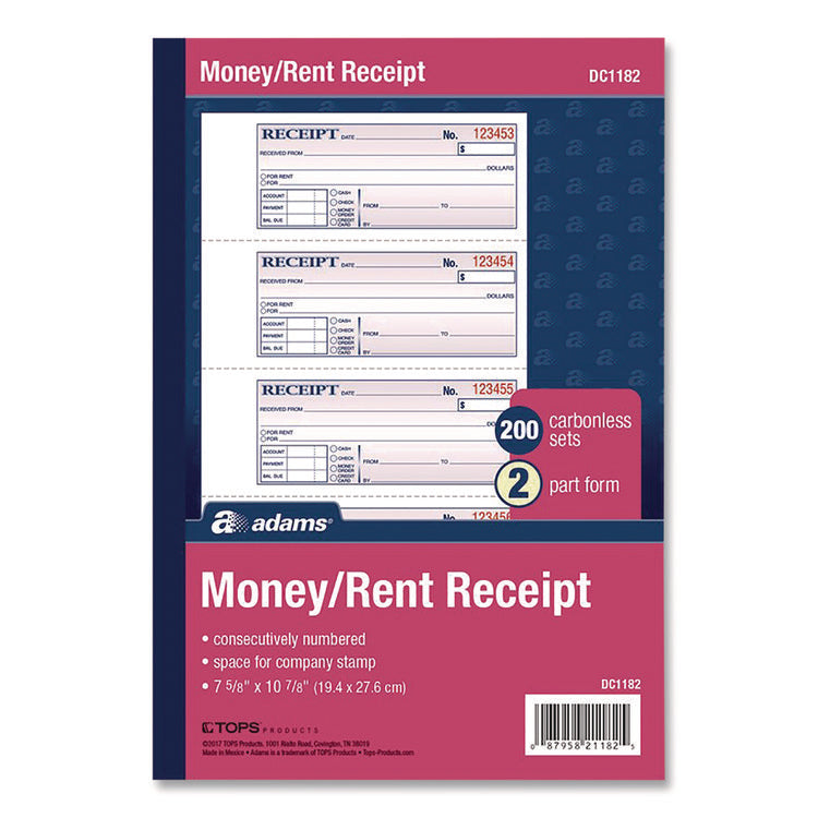 Money/Rent Receipt Book, Two-Part Carbonless, 7.13 x 2.75, 200 Forms Total