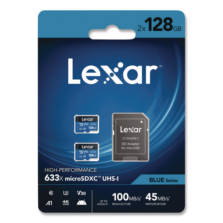 High Performance BLUE Series microSDXC Memory Card with Adapter, UHS-I V30 U1 Class 10, 128 GB, 2/Pack